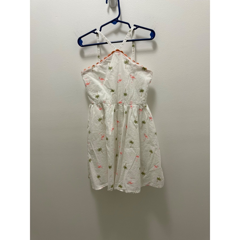 Janie and Jack Girls White Flamingo Palm Tree Trending Tropics Dress Size 6